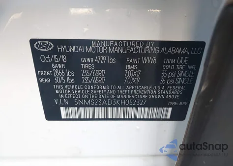 2019 Hyundai Santa Fe Se from USA, damaged, VIN 5NMS23AD3KH052327